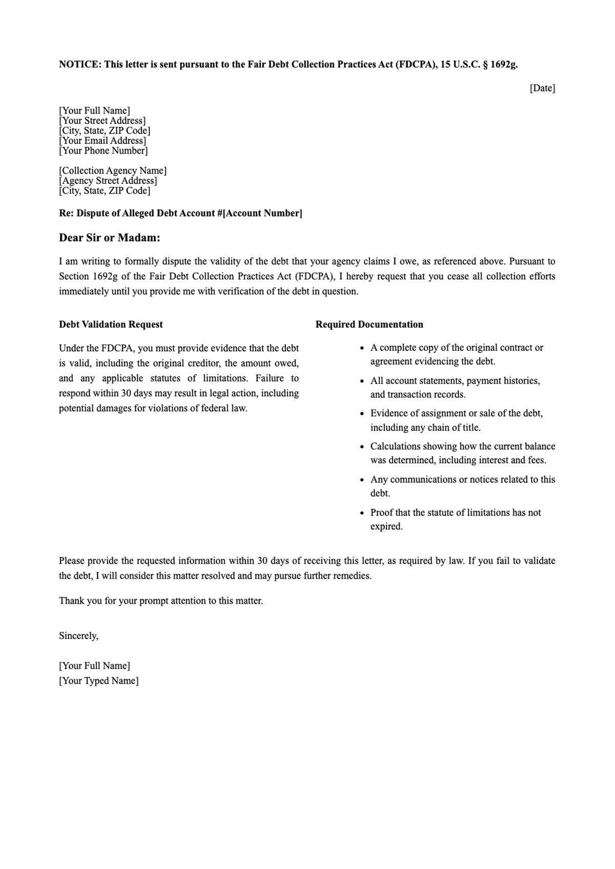 Legal debt validation request letter template under Fair Debt Collection Practices Act_variant_2